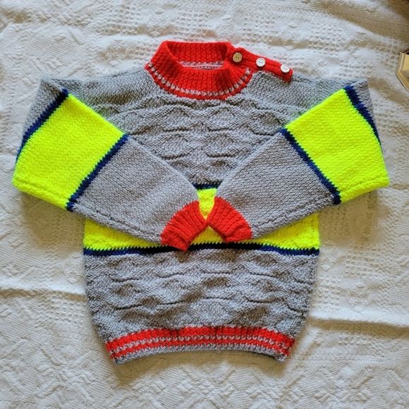 Handmade Kids Wool Knit Sweater Colorblock with Shoulder Buttons - Picture 2 of 6